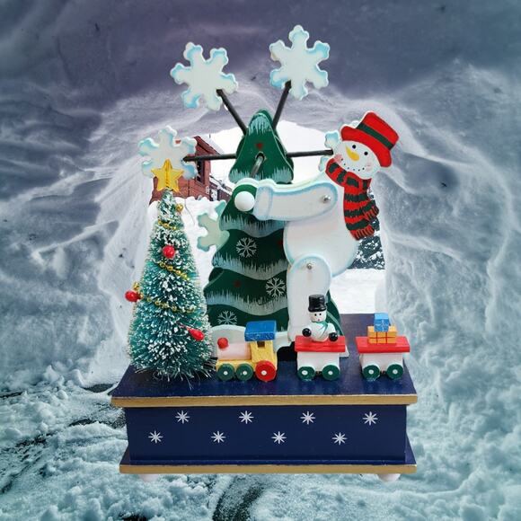 Wooden Christmas Snowman Windup Music Box Rotating Snowflakes Vintage - Picture 1 of 7